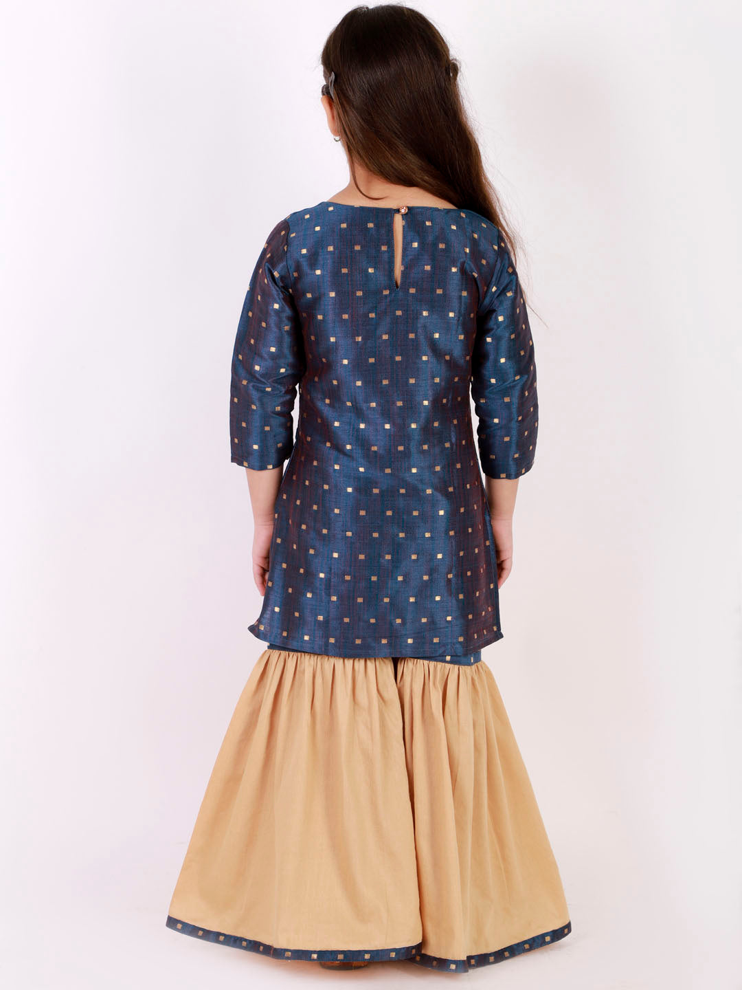 Girl's' Blue Zari Kurta And Rose Gold Sharara Set