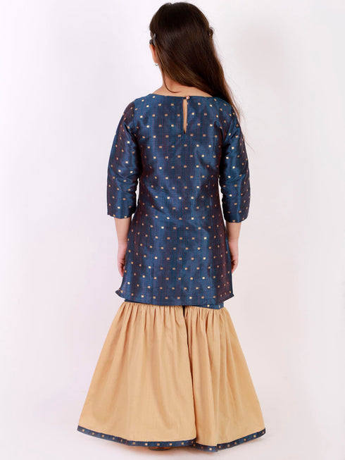 Girl's' Blue Zari Kurta And Rose Gold Sharara Set