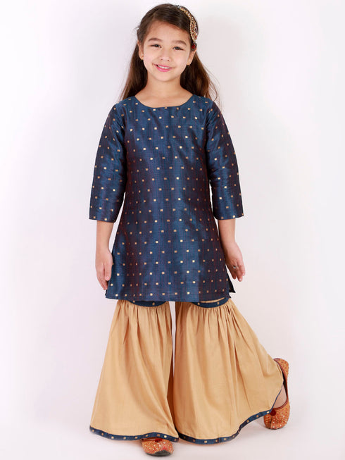 Girl's' Blue Zari Kurta And Rose Gold Sharara Set