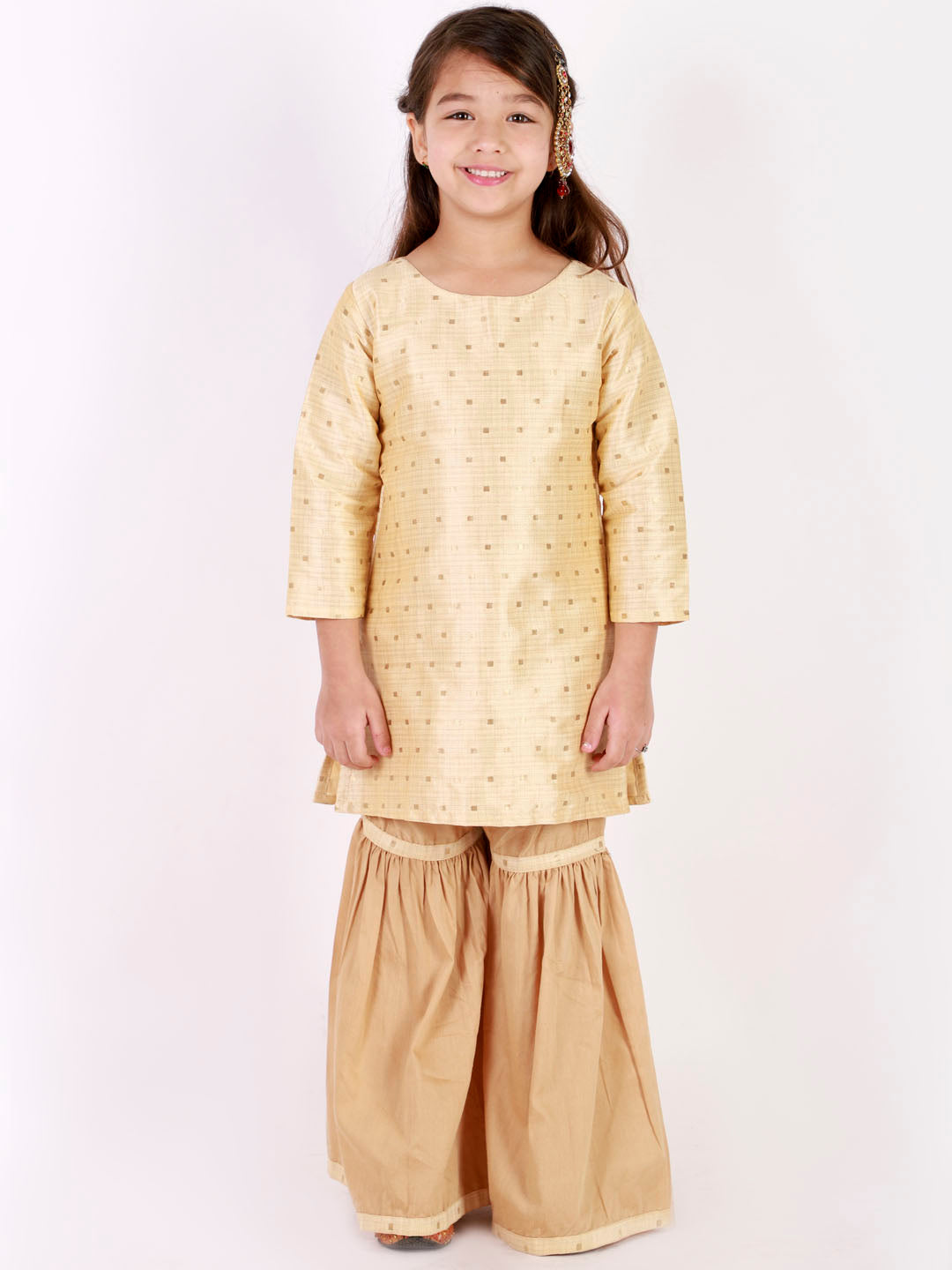 Girl's' Gold Zari Kurta And Rose Gold Sharara Set