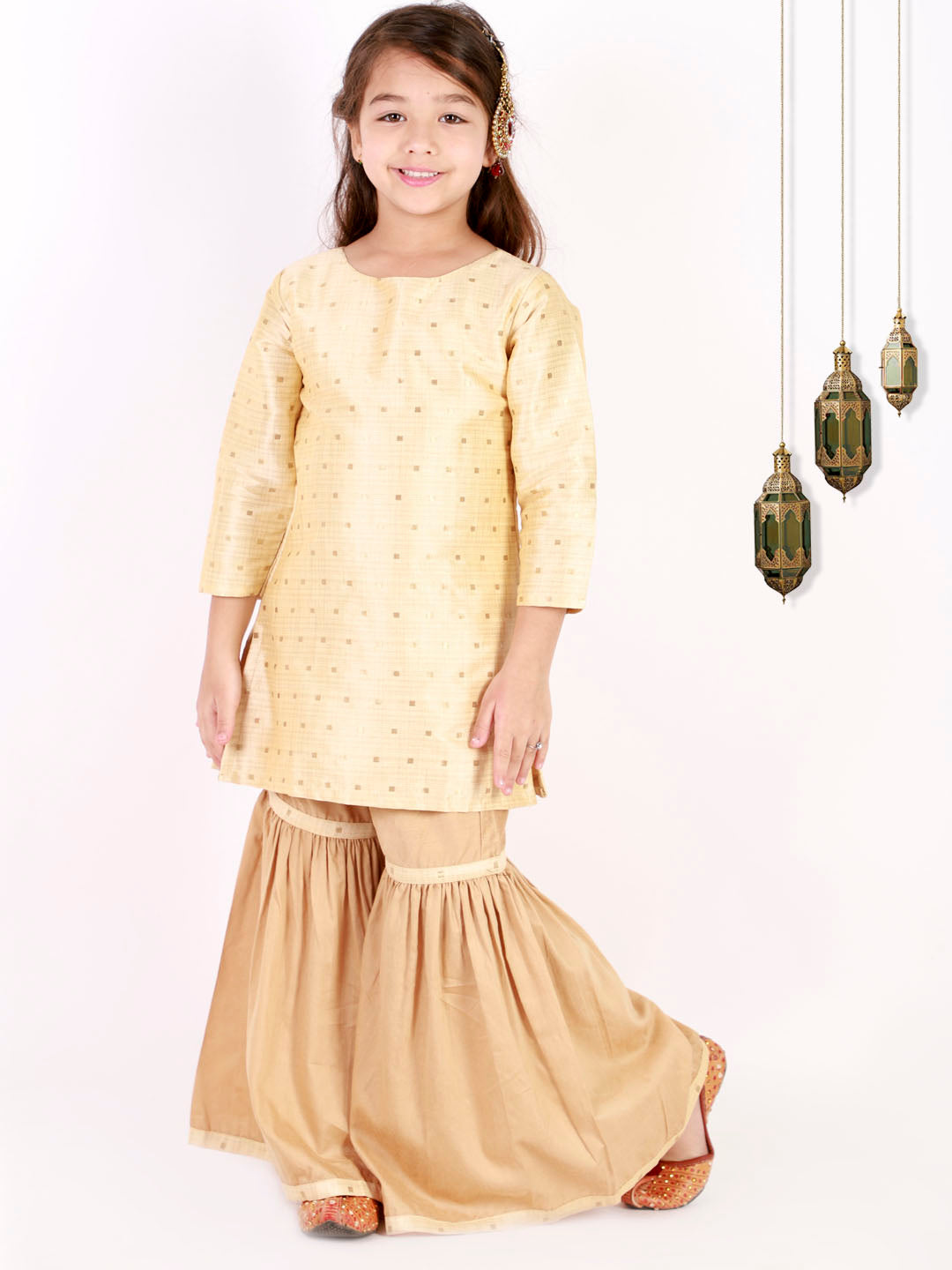 Girl's' Gold Zari Kurta And Rose Gold Sharara Set