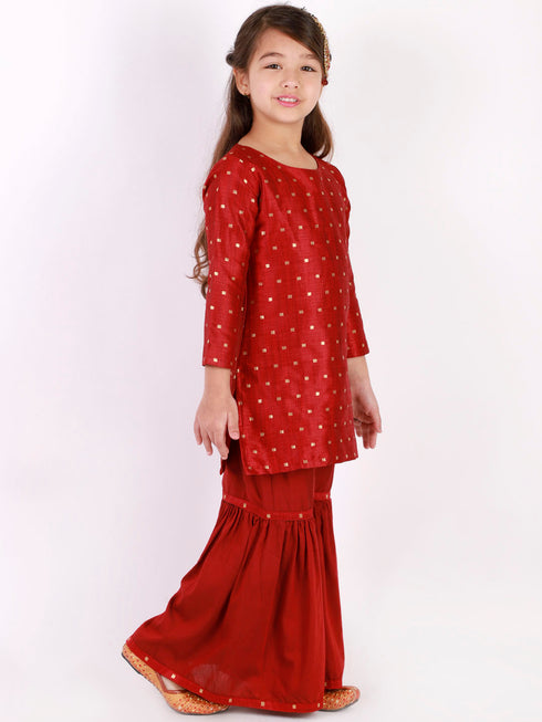 Girl's' Maroon Zari Kurta And Sharara Set