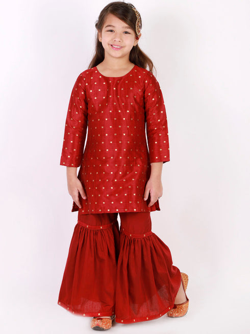 Girl's' Maroon Zari Kurta And Sharara Set