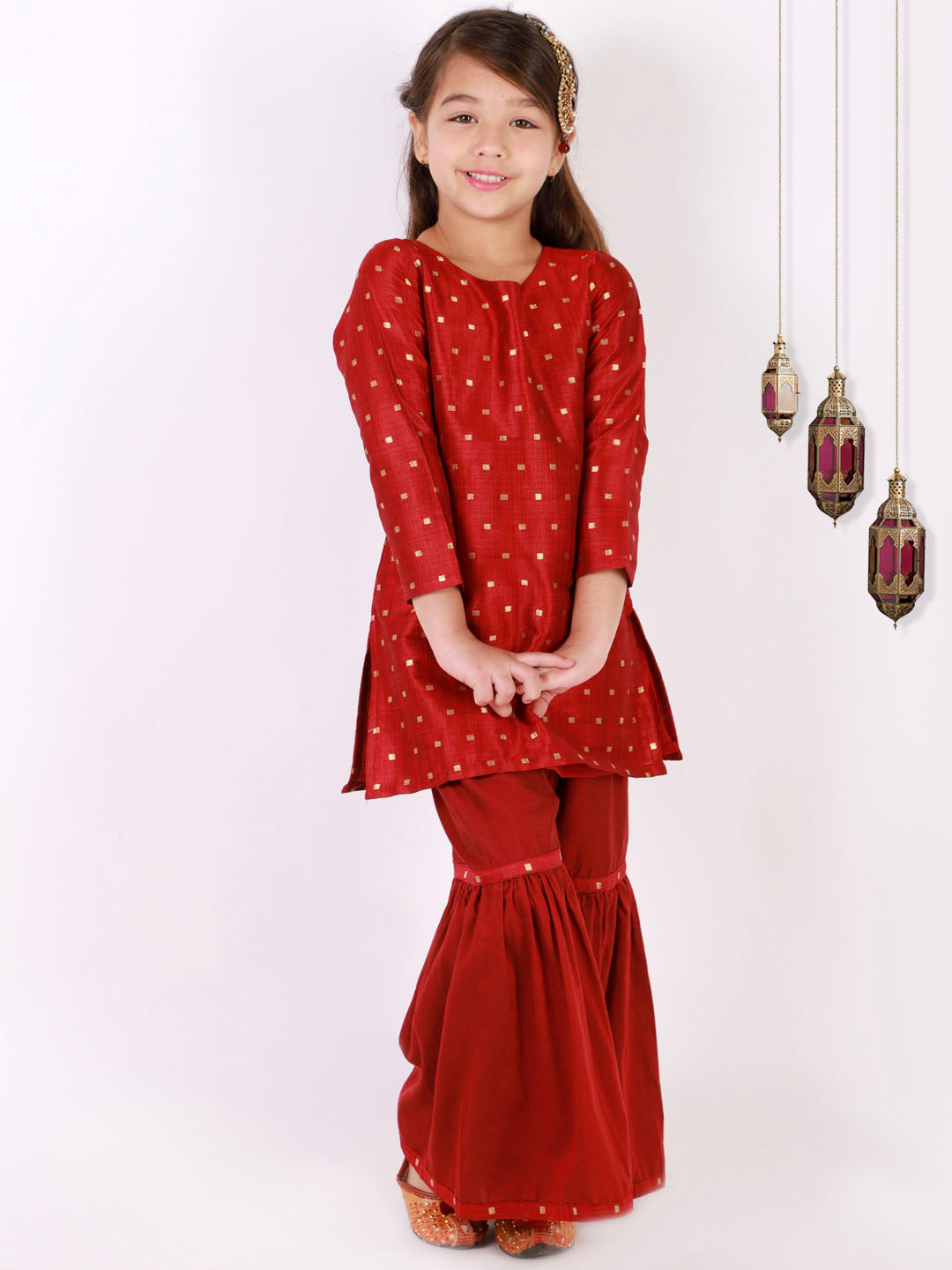 Girl's' Maroon Zari Kurta And Sharara Set