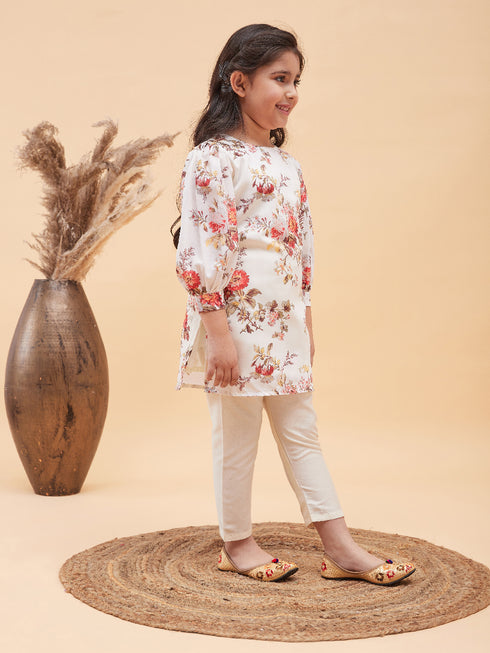 Girl's Cream Floral Printed Kurta With Cream Pant Set