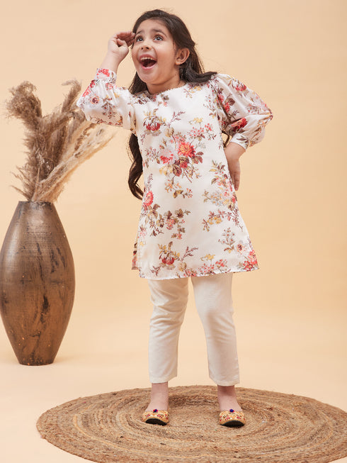 Girl's Cream Floral Printed Kurta With Cream Pant Set