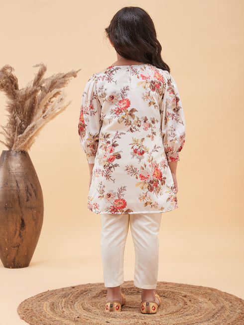Girl's Cream Floral Printed Kurta With Cream Pant Set