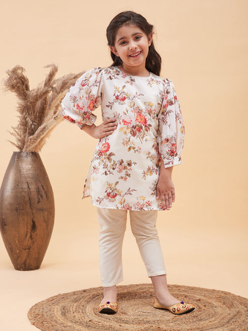 Girl's Cream Floral Printed Kurta With Cream Pant Set