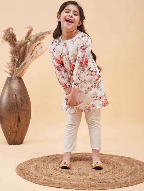 Girl's Cream Floral Printed Kurta With Cream Pant Set