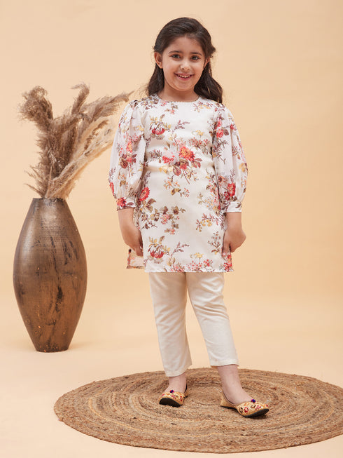 Girl's Cream Floral Printed Kurta With Cream Pant Set