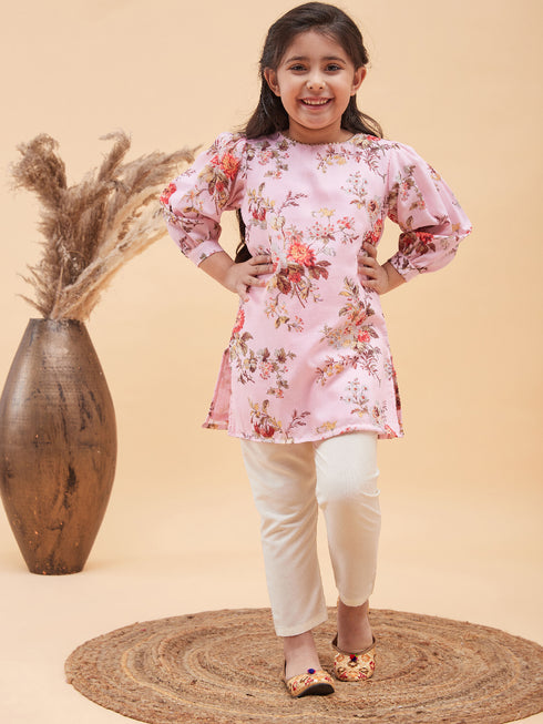 Girl's Pink Floral Printed Kurta With Cream Pant Set