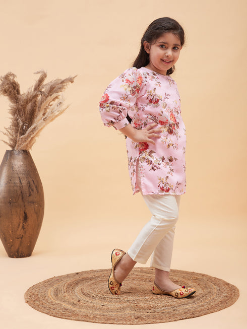 Girl's Pink Floral Printed Kurta With Cream Pant Set