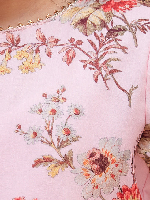 Girl's Pink Floral Printed Kurta With Cream Pant Set