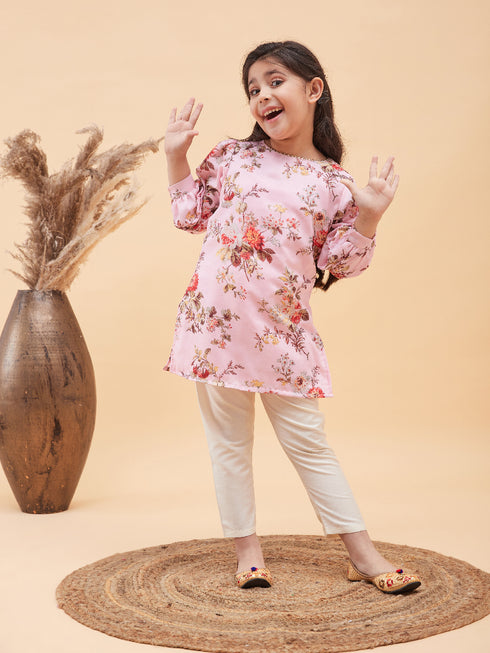 Girl's Pink Floral Printed Kurta With Cream Pant Set