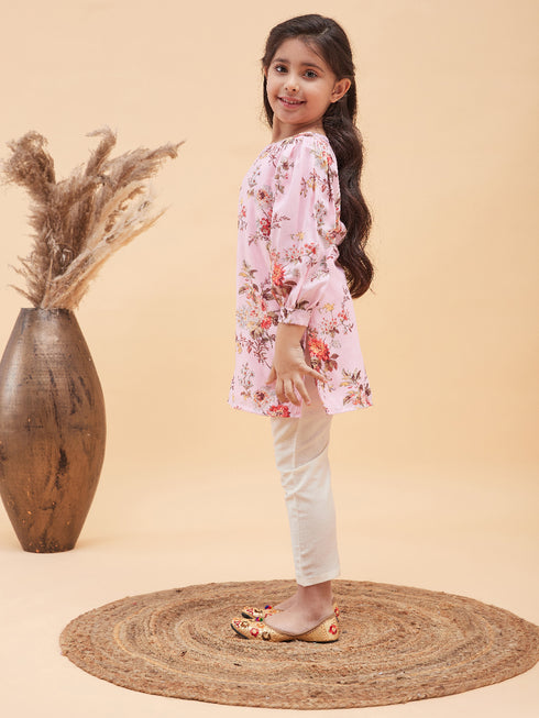 Girl's Pink Floral Printed Kurta With Cream Pant Set