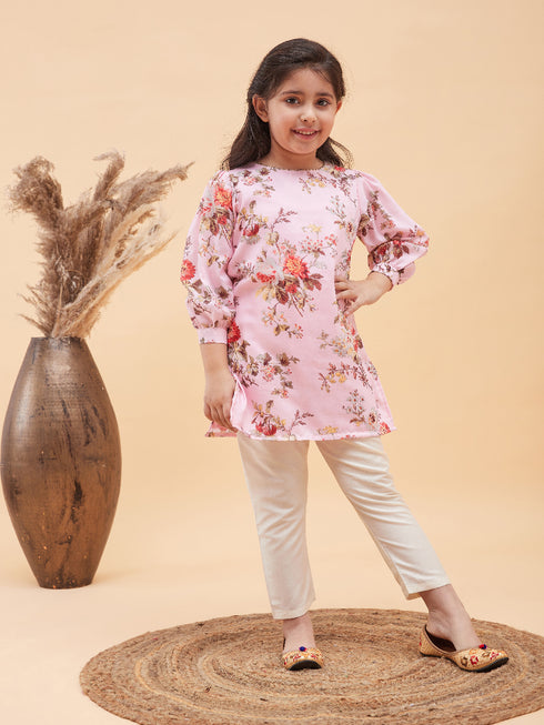 Girl's Pink Floral Printed Kurta With Cream Pant Set