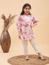 Girl's Pink Floral Printed Kurta With Cream Pant Set