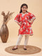 Girl's Red Floral Printed Kaftan Kurta With Cream Pant Set