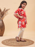 Girl's Red Floral Printed Kaftan Kurta With Cream Pant Set