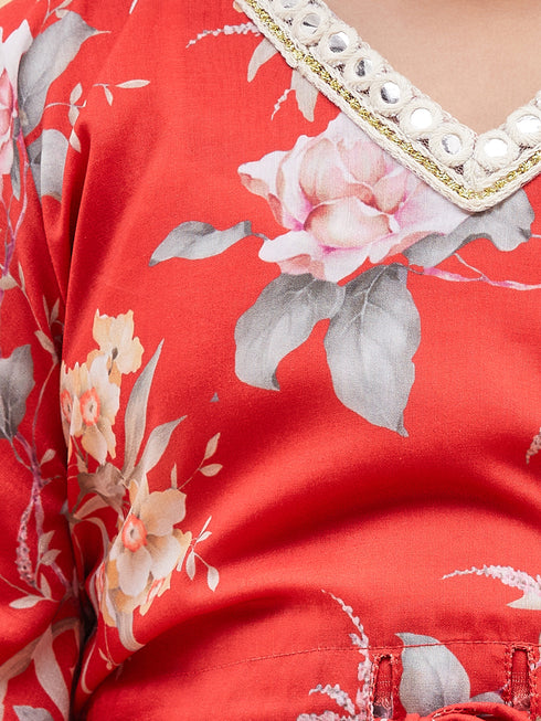 Girl's Red Floral Printed Kaftan Kurta With Cream Pant Set