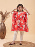 Girl's Red Floral Printed Kaftan Kurta With Cream Pant Set
