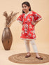 Girl's Red Floral Printed Kaftan Kurta With Cream Pant Set