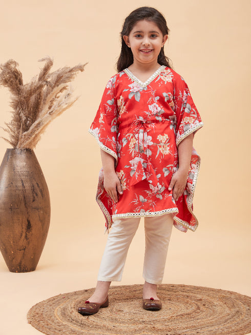Girl's Red Floral Printed Kaftan Kurta With Cream Pant Set