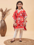 Girl's Red Floral Printed Kaftan Kurta With Cream Pant Set
