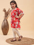 Girl's Red Floral Printed Kaftan Kurta With Cream Pant Set