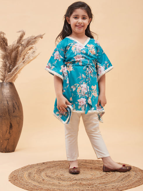 Girl's Turquoise Blue Floral Printed Kaftan Kurta With Cream Pant Set