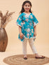 Girl's Turquoise Blue Floral Printed Kaftan Kurta With Cream Pant Set