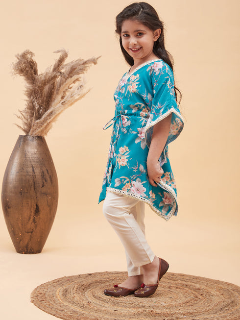 Girl's Turquoise Blue Floral Printed Kaftan Kurta With Cream Pant Set