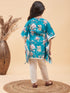 Girl's Turquoise Blue Floral Printed Kaftan Kurta With Cream Pant Set