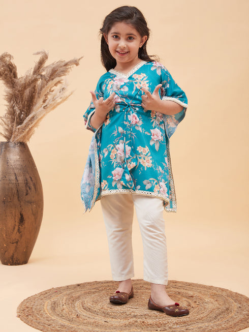 Girl's Turquoise Blue Floral Printed Kaftan Kurta With Cream Pant Set