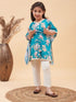 Girl's Turquoise Blue Floral Printed Kaftan Kurta With Cream Pant Set