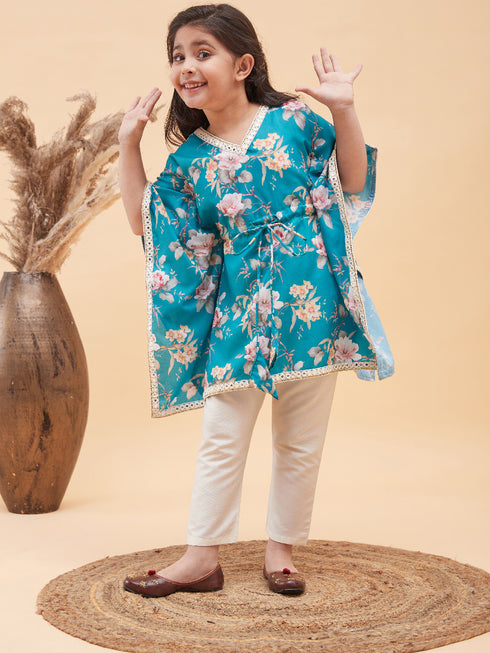 Girl's Turquoise Blue Floral Printed Kaftan Kurta With Cream Pant Set