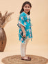 Girl's Turquoise Blue Floral Printed Kaftan Kurta With Cream Pant Set