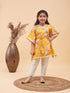 Girl's Yellow Floral Printed Kaftan Kurta With Cream Pant Set