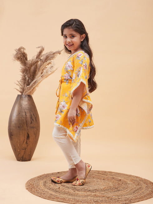 Girl's Yellow Floral Printed Kaftan Kurta With Cream Pant Set