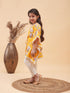 Girl's Yellow Floral Printed Kaftan Kurta With Cream Pant Set
