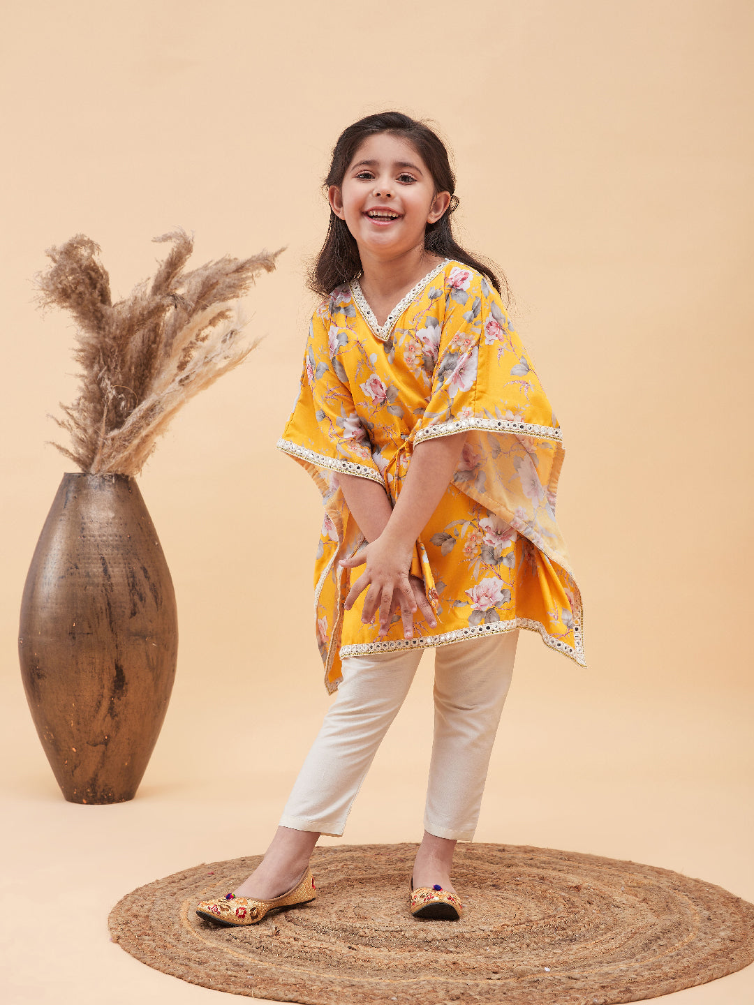 Girl's Yellow Floral Printed Kaftan Kurta With Cream Pant Set