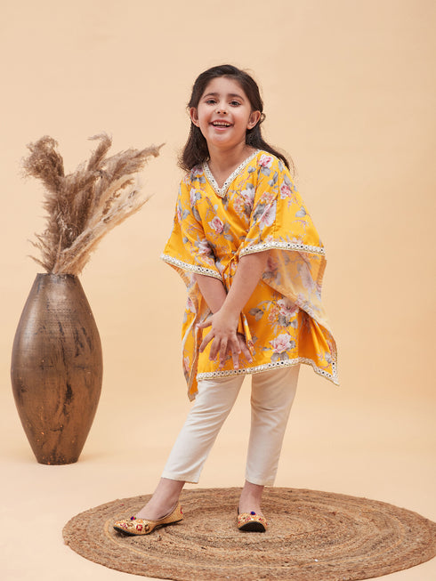 Girl's Yellow Floral Printed Kaftan Kurta With Cream Pant Set