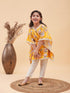 Girl's Yellow Floral Printed Kaftan Kurta With Cream Pant Set