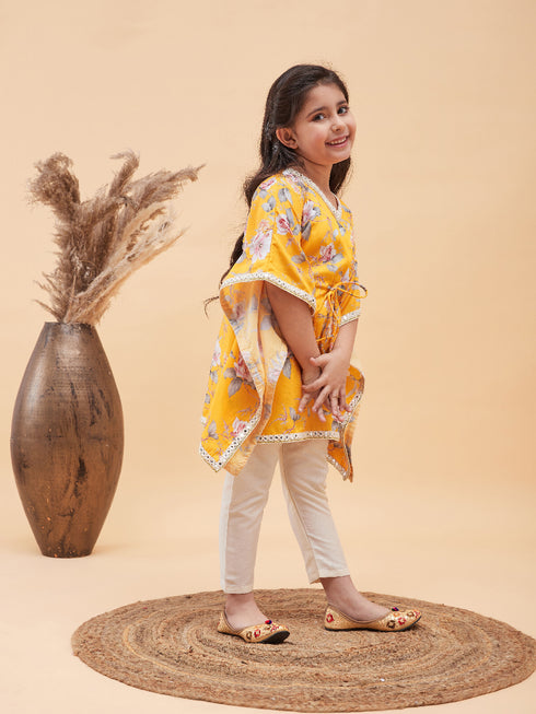 Girl's Yellow Floral Printed Kaftan Kurta With Cream Pant Set