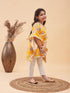 Girl's Yellow Floral Printed Kaftan Kurta With Cream Pant Set