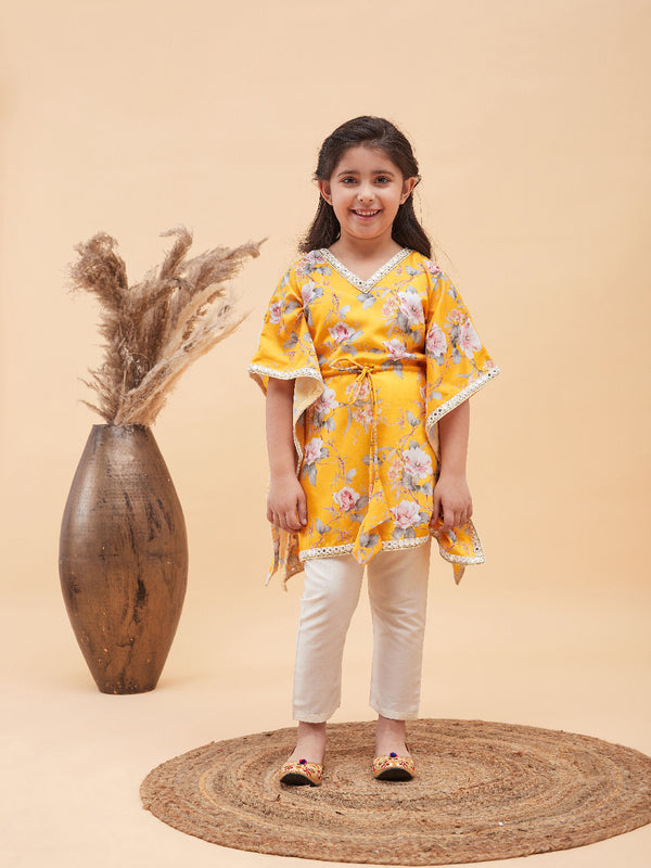 Girl's Yellow Floral Printed Kaftan Kurta With Cream Pant Set