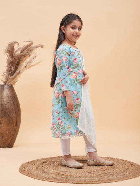 Girl's Aqua Blue Floral Printed Kurta With Leggings And Dupatta Set
