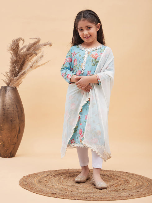 Girl's Aqua Blue Floral Printed Kurta With Leggings And Dupatta Set