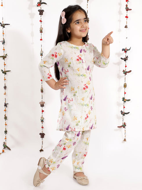 Girl's' Multicolor-Base Cream Kurta Pant Set