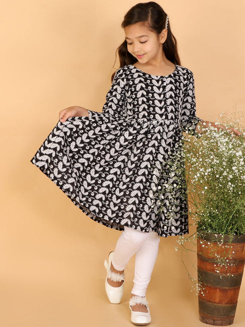 Girl's Black Pure Cotton Chikankari Kurta With Leggings